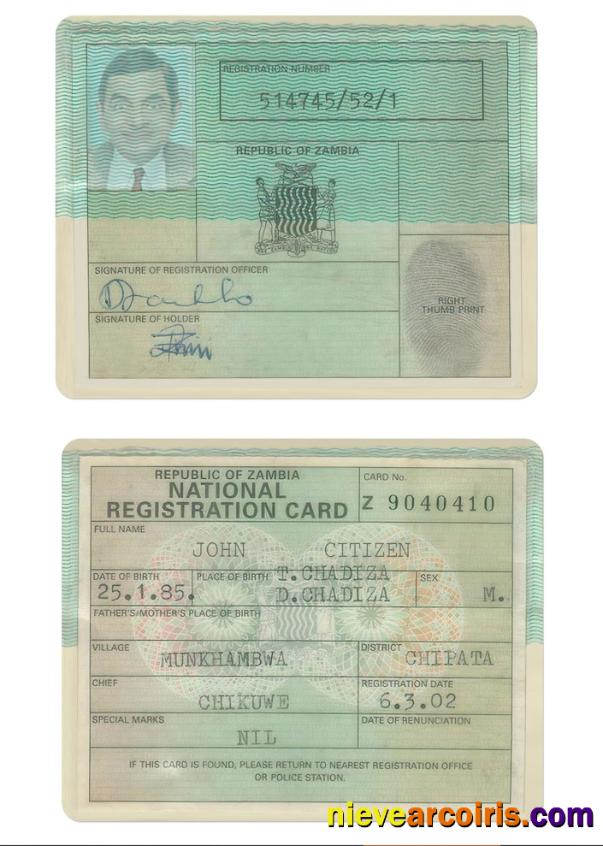 ZAMBIA national registration card
